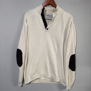 Chaps Surplus Sweater Mens Medium Cream Henley Mock Neck Elbow Patch Knit